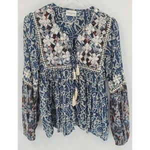 Miss June Paris Blouse Peasant Top M L Fairy Embroidered Boho Crochet Tassels